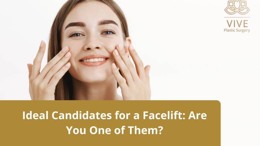 A smiling woman touching her face, symbolizing rejuvenation and self-care, with VIVE Plastic Surgery branding.