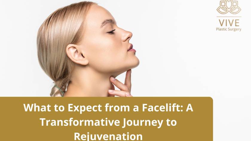 A woman with smooth, youthful skin tilts her head upward, symbolizing confidence and rejuvenation, with VIVE Plastic Surgery branding.