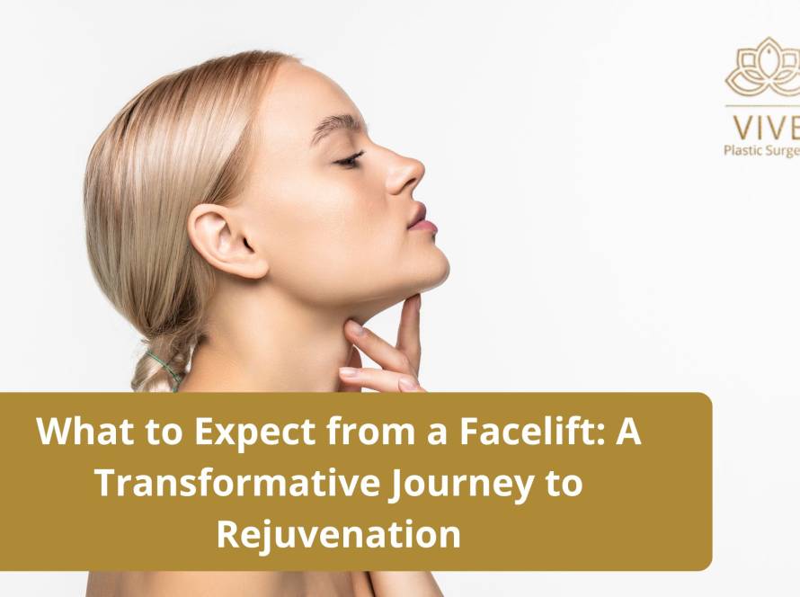 A woman with smooth, youthful skin tilts her head upward, symbolizing confidence and rejuvenation, with VIVE Plastic Surgery branding.