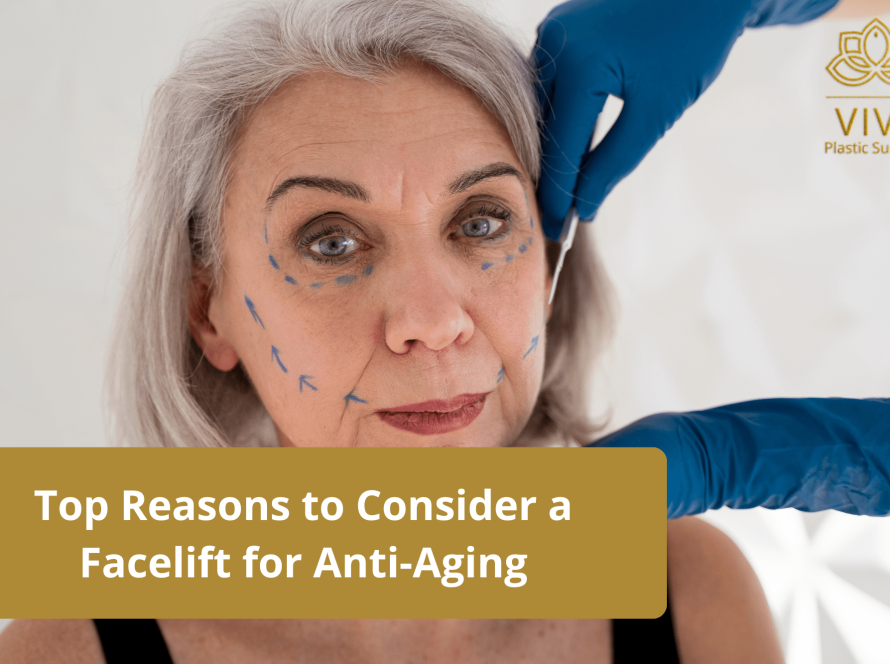 Mature woman during a facelift consultation with surgical markings, highlighting anti-aging procedures at VIVE Plastic Surgery in Tijuana.