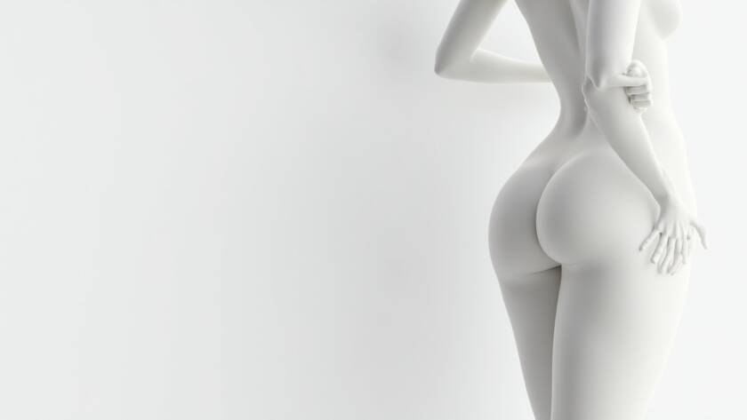 Artistic white sculpture of a female lower body showing enhanced buttocks, smooth curves, and defined waist.