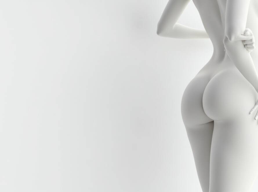 Artistic white sculpture of a female lower body showing enhanced buttocks, smooth curves, and defined waist.