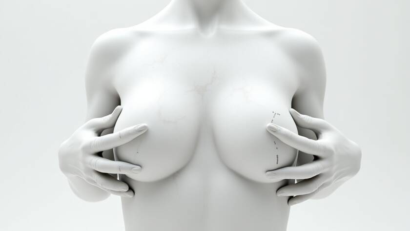 Artistic white sculpture of a female torso holding the breasts, showing smooth contours and enhanced breast volume.