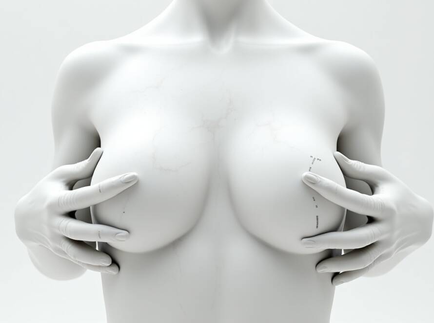 Artistic white sculpture of a female torso holding the breasts, showing smooth contours and enhanced breast volume.