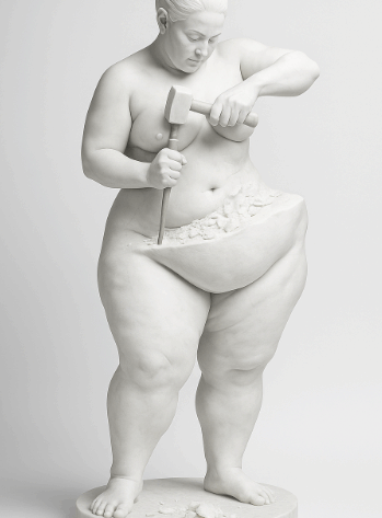 Artistic white sculpture of a full-figure woman carving her own body with a hammer and chisel, symbolizing personal transformation.