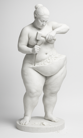 Artistic white sculpture of a full-figure woman carving her own body with a hammer and chisel, symbolizing personal transformation.