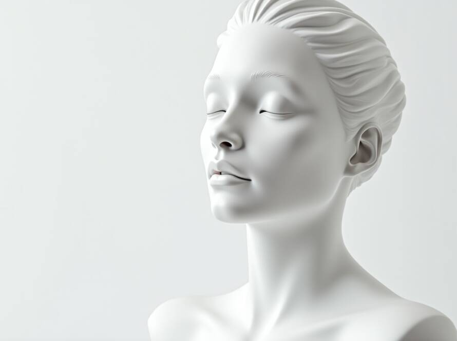 Artistic white sculpture of a female face and neck with smooth contours and refined facial features.