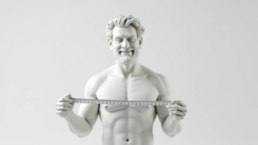 artistic male torso sculpture holding a measuring tape as reference for male chest contouring and body sculpting in Tijuana