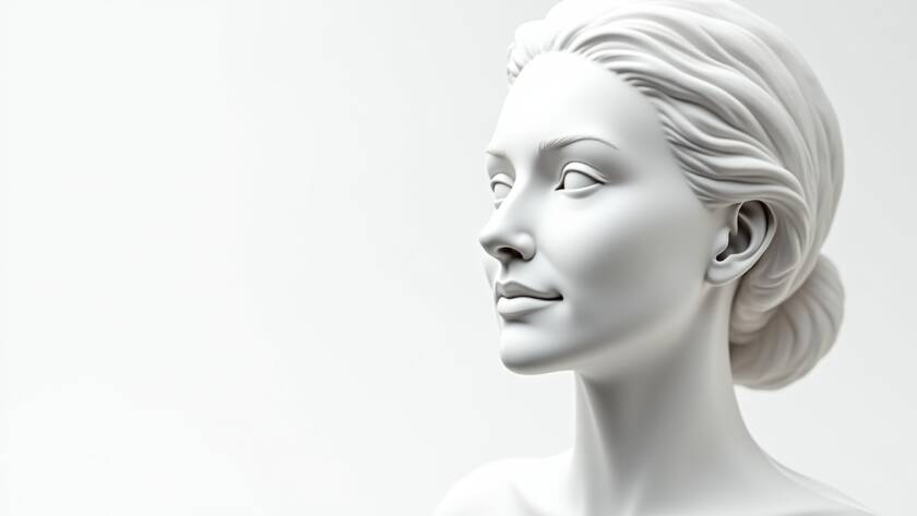 Artistic white sculpture of a female face and neck with smooth contours and refined facial features.