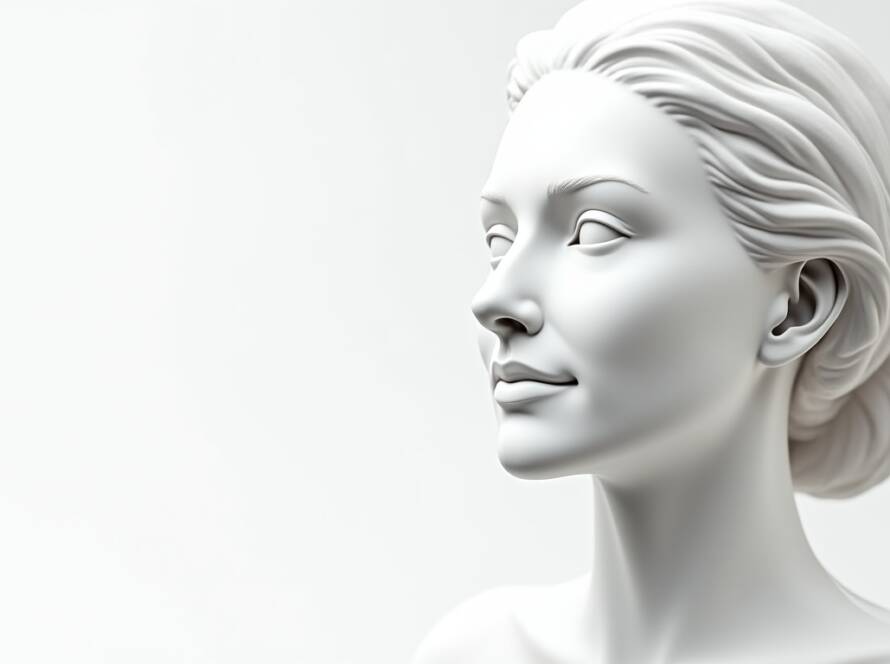 Artistic white sculpture of a female face and neck with smooth contours and refined facial features.