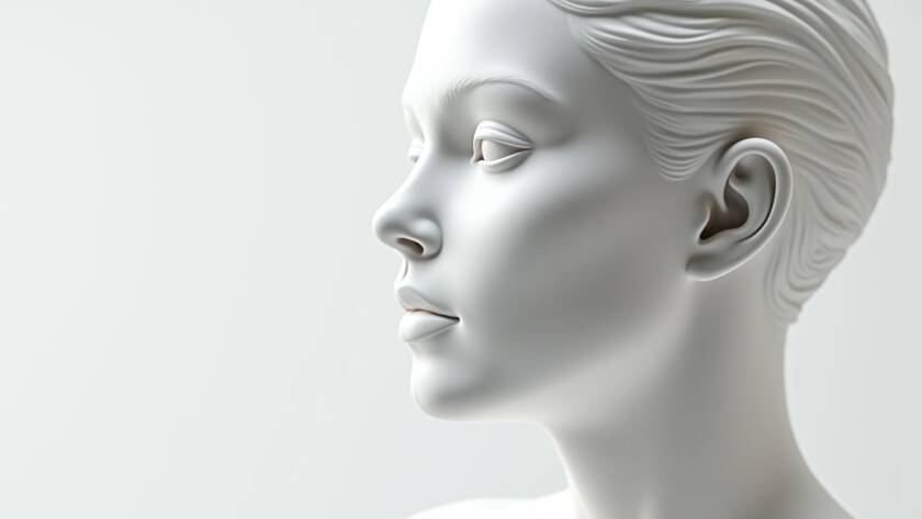 Artistic white sculpture of a female facial profile with smooth contours and refined nose and chin structure.