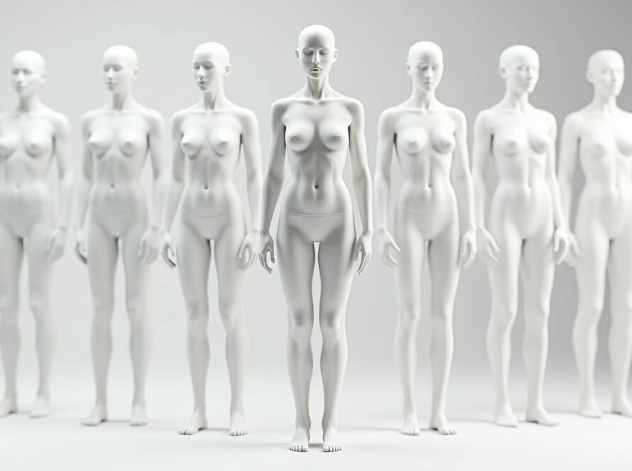 Group of artistic white female sculptures standing in a row, showing body proportions and smooth anatomical contours.