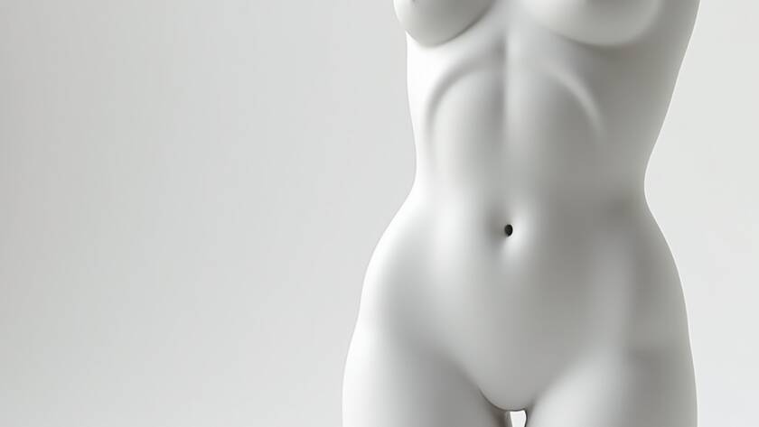 Artistic white sculpture of a female abdomen and waist showing smooth contours and defined body lines.